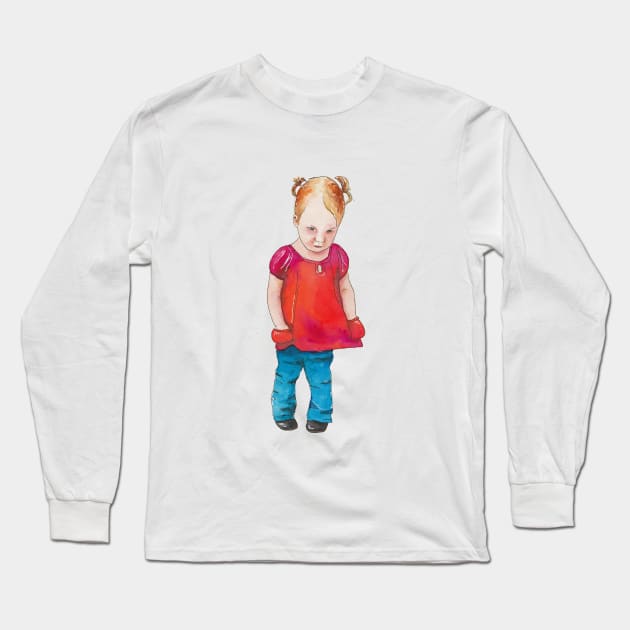 Sweet little shy girl - illustration in pen and watercolor Long Sleeve T-Shirt by kittyvdheuvel